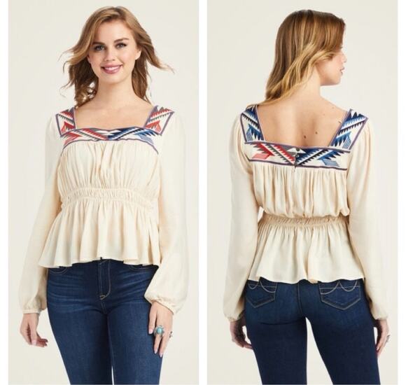 Ariat Tops - Ariat Wmns Cream Jacquard Chimayo Top Embroidered Top Sz L Western Boho Festival